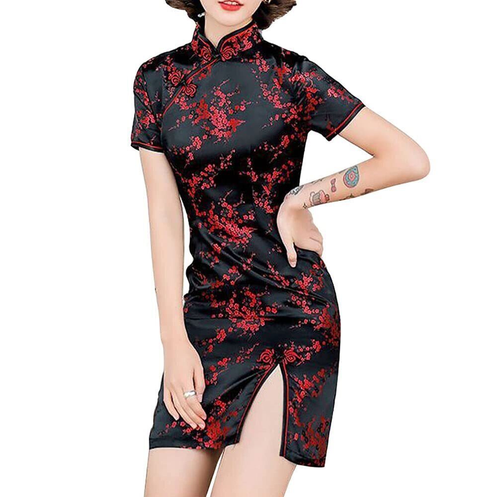 3050 Cheongsam Costume Short Sleeve Print High Slit Side Traditional